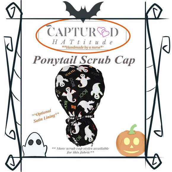 Womens My Halloween Boo, Ghost Ponytail Scrub Cap, Handmade NWOT - Picture 1 of 7